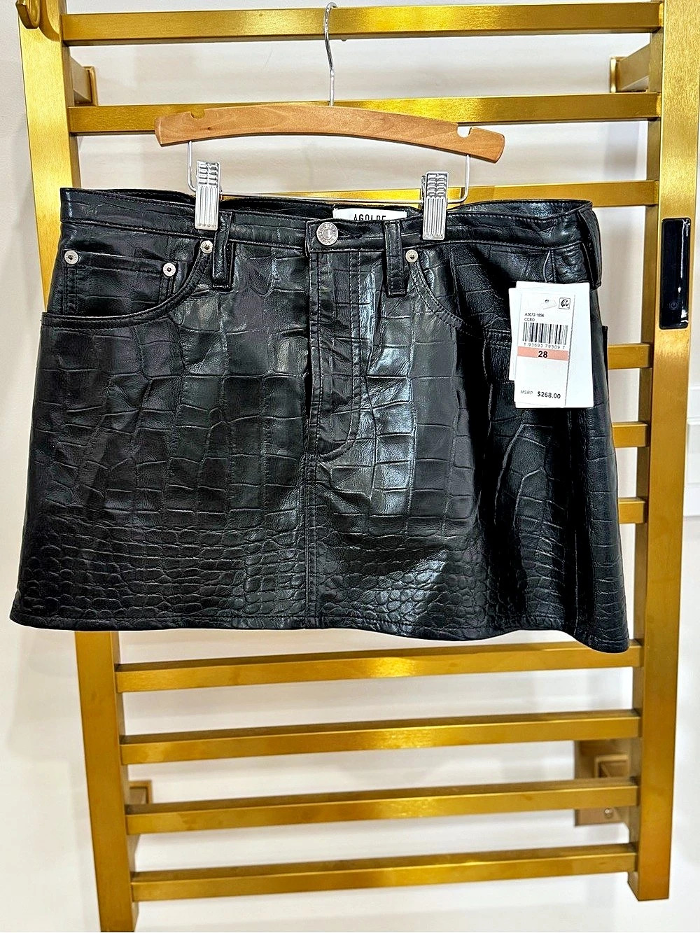 AGOLDE Keira Croc Embossed Recycled Leather Miniskirt Black Crocodile-Embossed